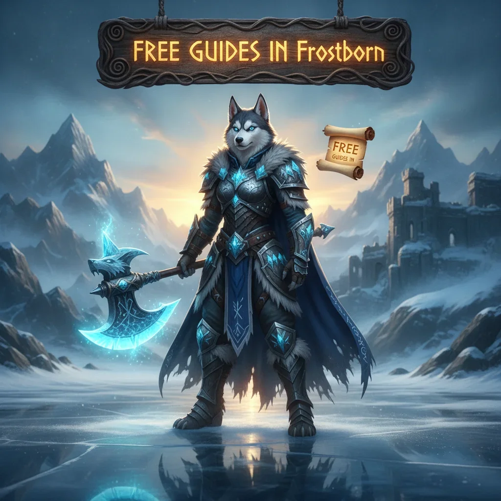 An anthropomorphic Husky character in fantasy armor, representing free guides and game content related to Frostborn.