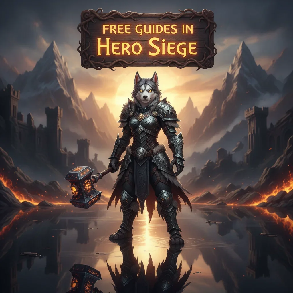An anthropomorphic Husky character in fantasy armor, standing in a game-inspired environment, representing content related to free guides for Hero Siege.