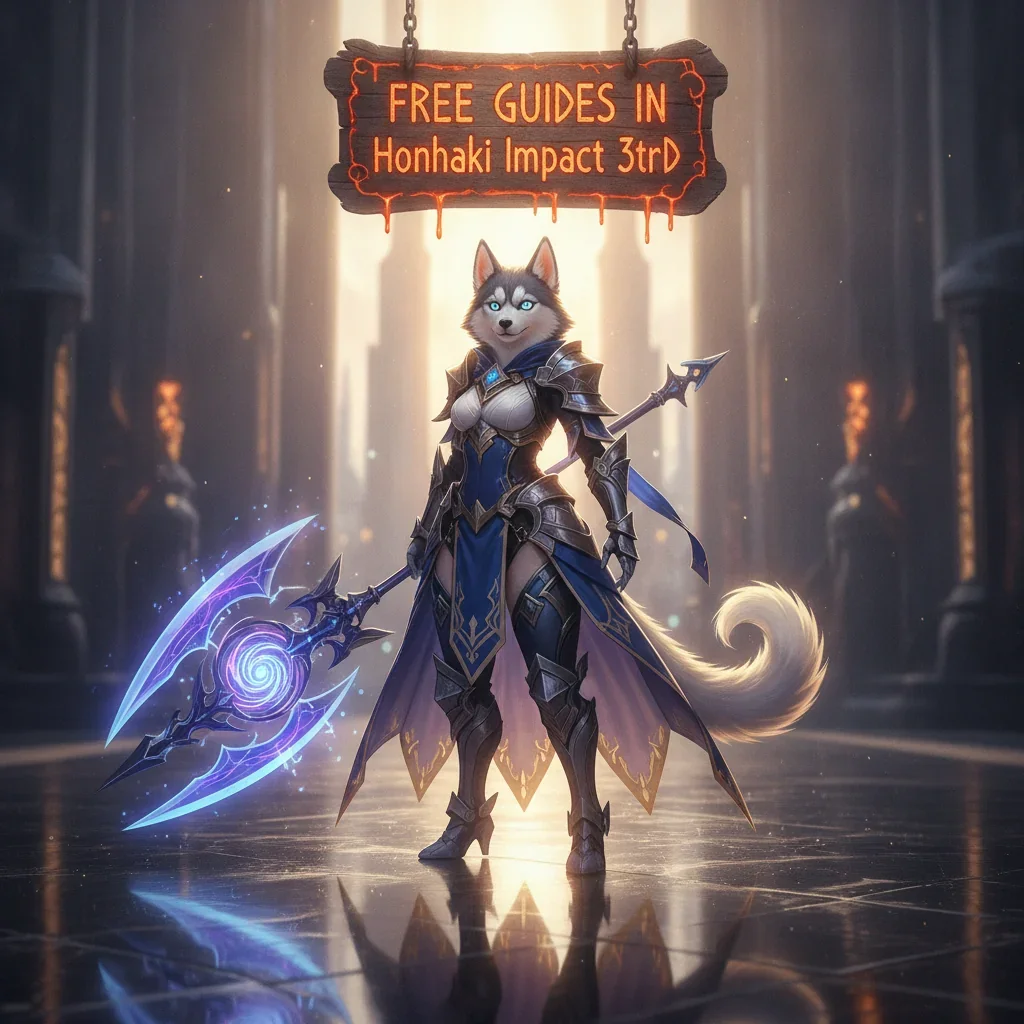 Fantasy game-inspired artwork featuring an anthropomorphic Husky character, themed around free guides in Honkai Impact 3rd.