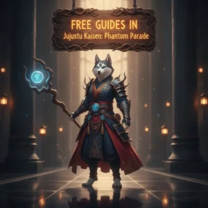 Fantasy artwork of an anthropomorphic Husky character in a game-inspired setting, themed around Jujutsu Kaisen: Phantom Parade game content and guides.