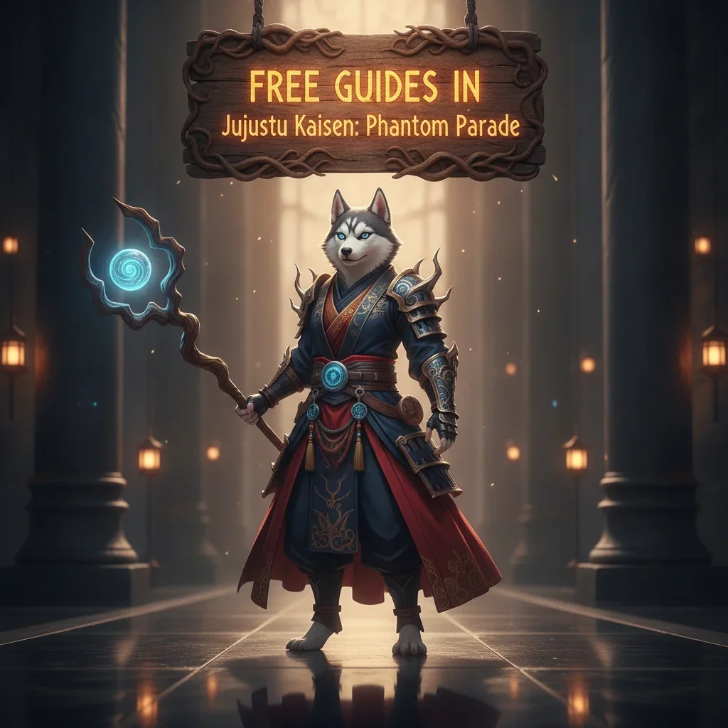 Fantasy artwork of an anthropomorphic Husky character in a game-inspired setting, themed around Jujutsu Kaisen: Phantom Parade game content and guides.
