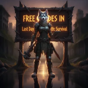 A fantasy game-inspired artwork featuring an anthropomorphic husky character amidst a survival-themed environment, representing game guides.