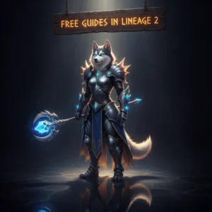 Fantasy artwork of an anthropomorphic Husky character in armor, related to Lineage 2 game guides and free content.