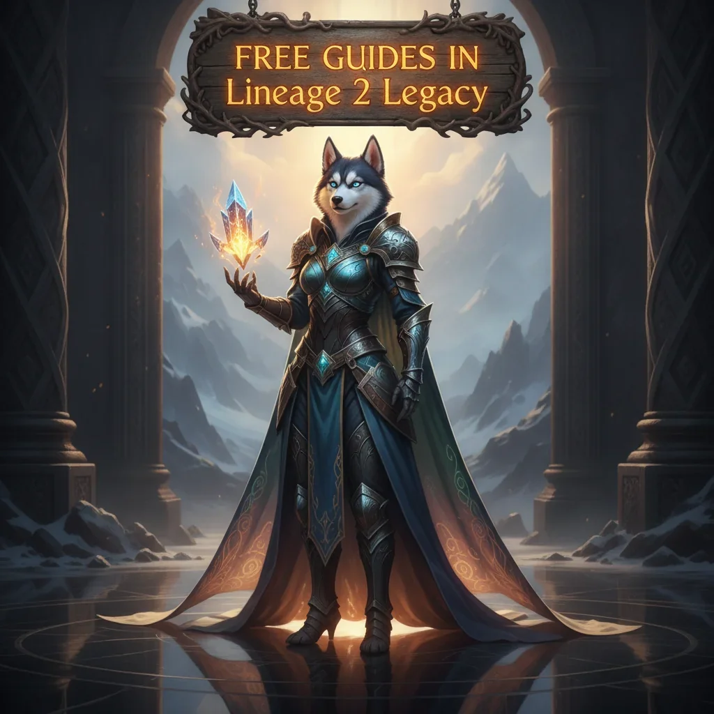 An anthropomorphic Husky character in fantasy armor, standing in a magical game-inspired environment, representing free guides content.