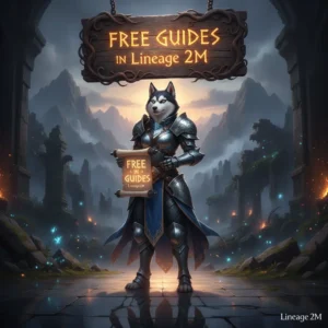 An anthropomorphic Husky character in fantasy armor, representing content related to Lineage 2M guides and game features.