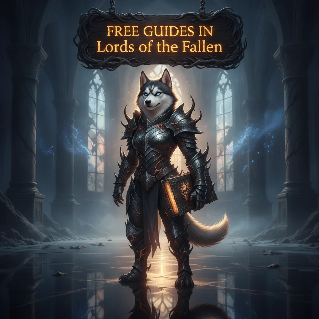 Fantasy artwork featuring an anthropomorphic Husky character, themed around guides and strategic content for Lords of the Fallen.