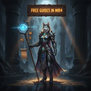 A fantasy artwork with an anthropomorphic husky character, themed around guides and content in the game MIR4. The environment is magical.