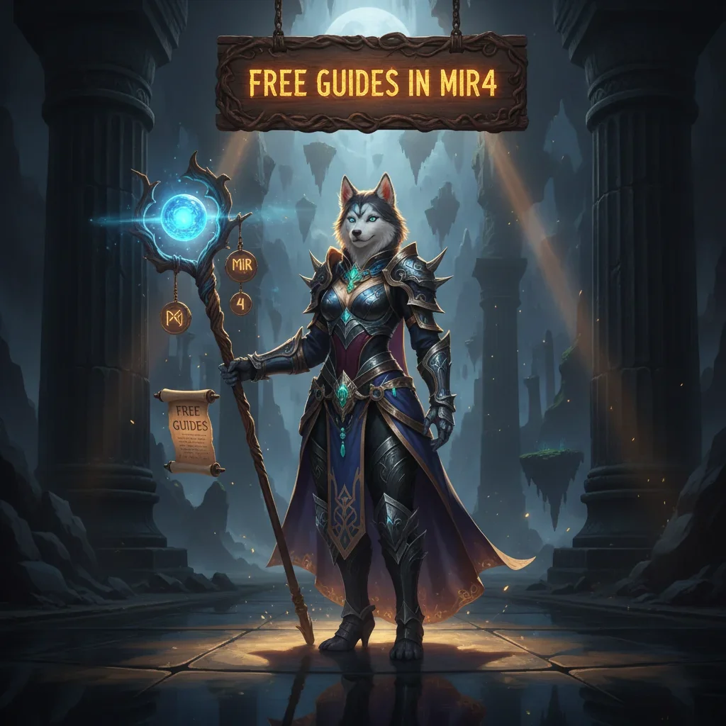 A fantasy artwork with an anthropomorphic husky character, themed around guides and content in the game MIR4. The environment is magical.