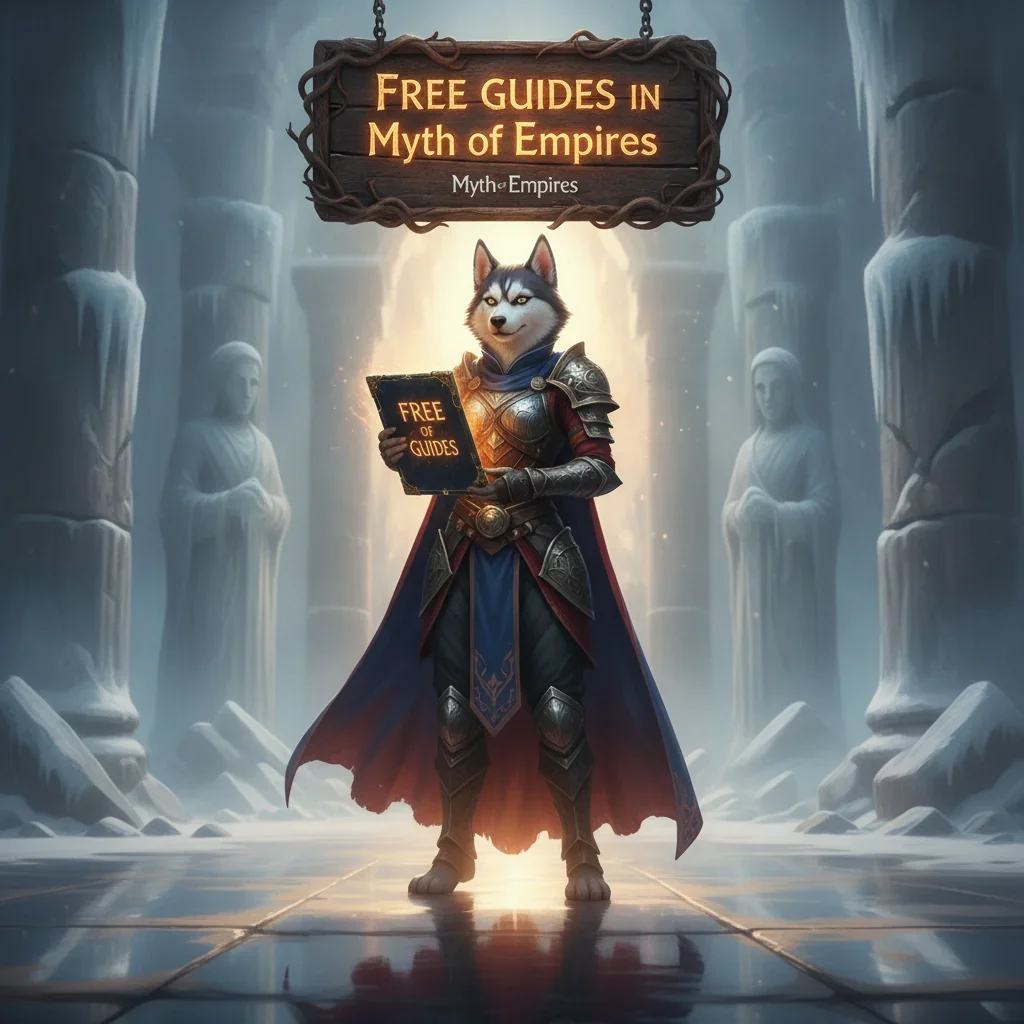 An anthropomorphic Husky character in fantasy armor, standing in a game-inspired environment related to Myth of Empires guides.