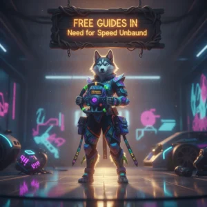 An anthropomorphic Husky character, wearing fantasy racing attire, stands in a stylized urban racing environment inspired by Need for Speed Unbound, representing game progression content.