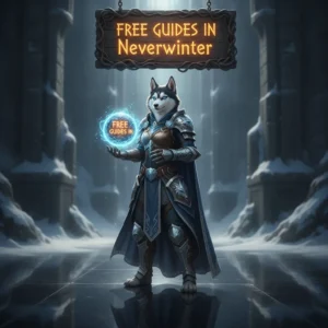 An anthropomorphic Husky character in fantasy armor, standing in a magical Neverwinter-inspired environment, representing game guides.