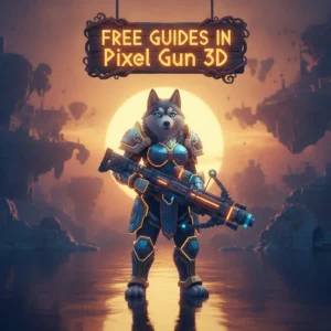 Fantasy game-inspired artwork featuring an anthropomorphic husky character themed around free guides in Pixel Gun 3D.