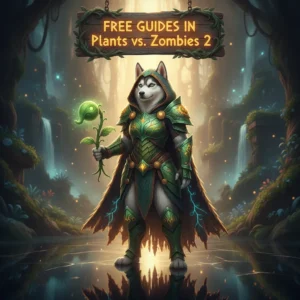 An anthropomorphic Husky character in fantasy armor, surrounded by glowing plants, representing free guides content for Plants vs. Zombies 2.