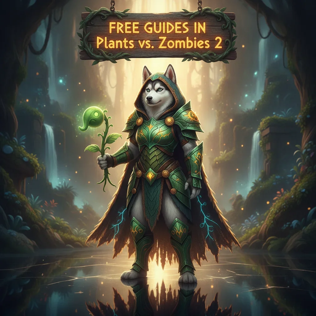 An anthropomorphic Husky character in fantasy armor, surrounded by glowing plants, representing free guides content for Plants vs. Zombies 2.