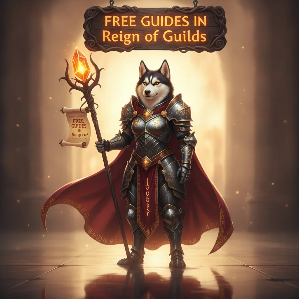 An anthropomorphic Husky character in fantasy armor, standing in a mystical game-inspired environment, representing guide content.