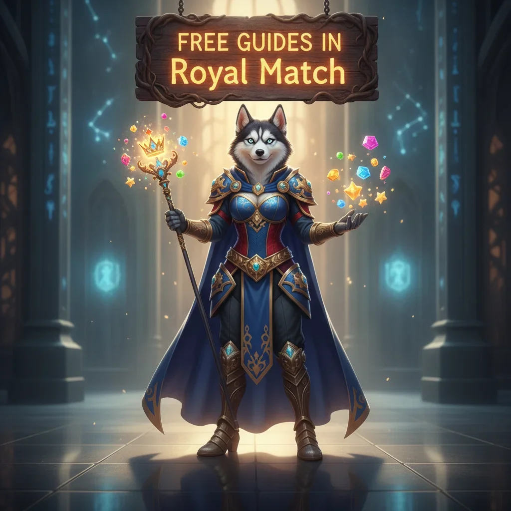 An anthropomorphic Husky character in fantasy attire, inspired by Royal Match game content and objectives.