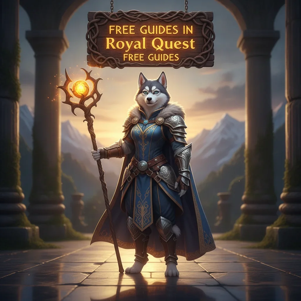 Fantasy artwork of an anthropomorphic husky character in a game-inspired setting, representing free guides and quest objectives.