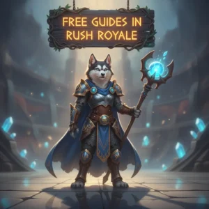 An anthropomorphic Husky character in fantasy attire, inspired by Rush Royale guides and game content.