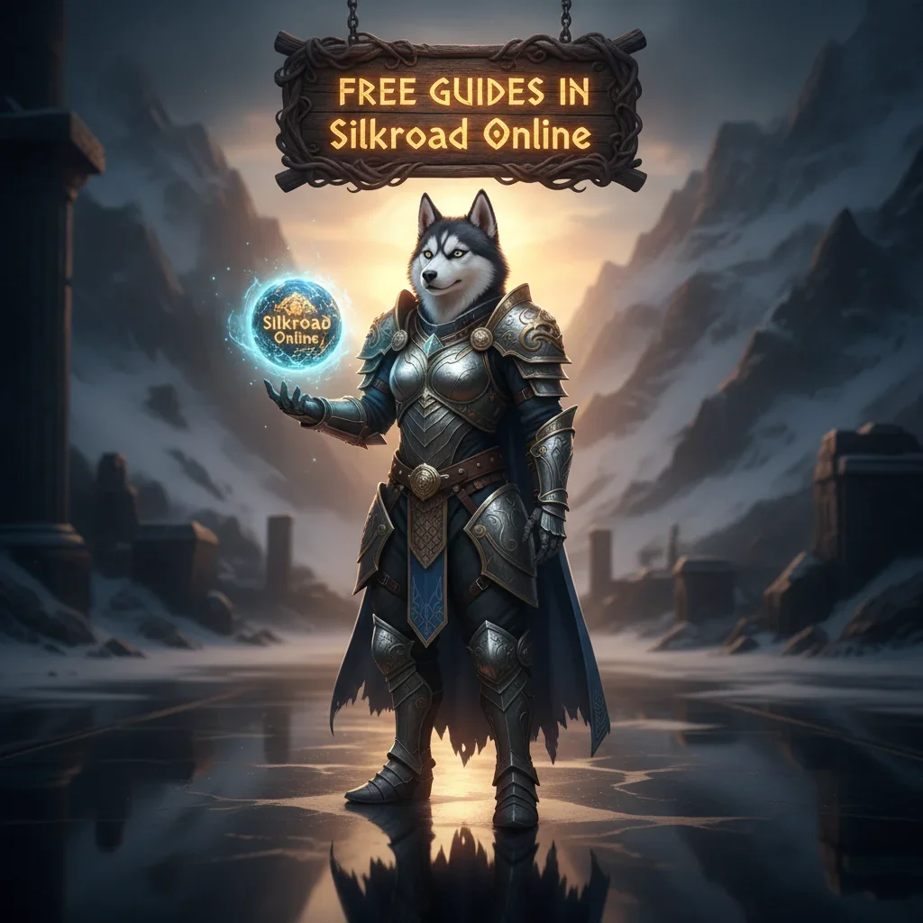 Artwork featuring an anthropomorphic husky character in fantasy attire, themed around game guides and content from Silkroad Online.