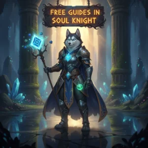 Anthropomorphic husky character in fantasy attire, inspired by Soul Knight, representing game guides and content.