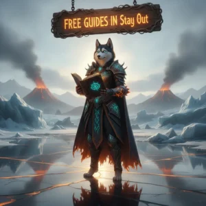 Fantasy artwork featuring an anthropomorphic Husky character, themed around comprehensive guides for Stay Out game content and objectives.