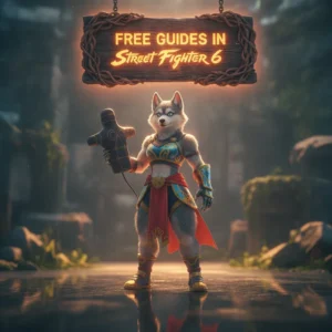 An anthropomorphic Husky character in fantasy armor, surrounded by glowing energy, representing free guides for Street Fighter 6.