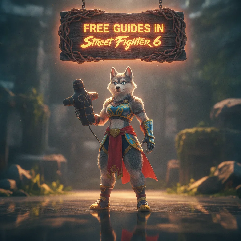 An anthropomorphic Husky character in fantasy armor, surrounded by glowing energy, representing free guides for Street Fighter 6.