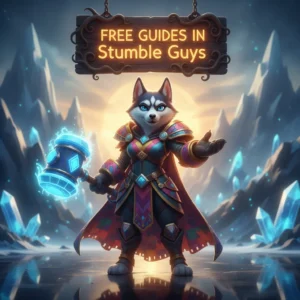 Fantasy artwork featuring an anthropomorphic Husky character, themed around Stumble Guys content guides.