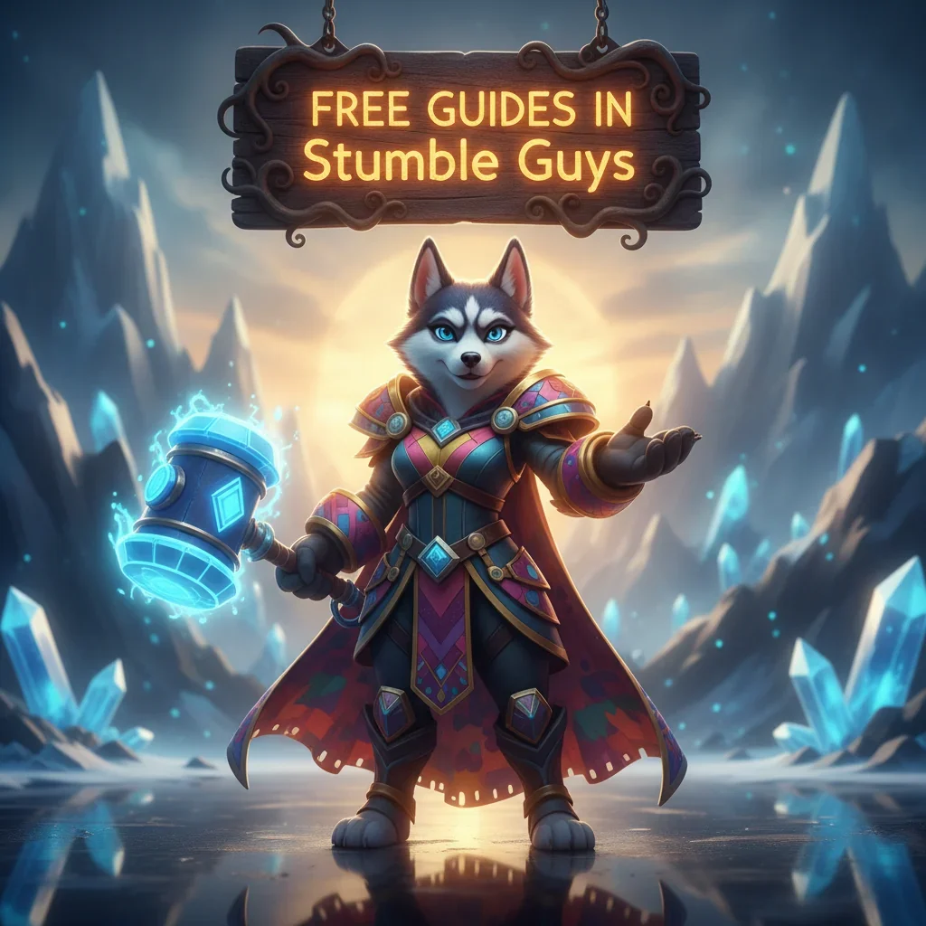 Fantasy artwork featuring an anthropomorphic Husky character, themed around Stumble Guys content guides.