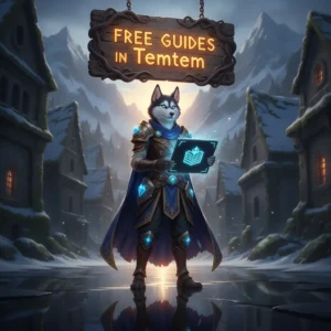 Fantasy artwork featuring an anthropomorphic Husky character, themed around guides and information within the game Temtem.