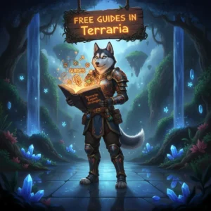 Anthropomorphic Husky character in fantasy armor, surrounded by elements representing game guides and Terraria content.