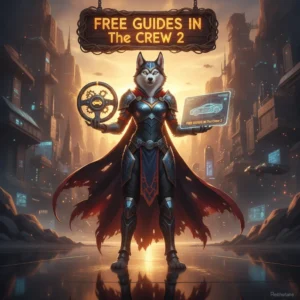 Fantasy artwork featuring an anthropomorphic Husky in a racing-themed outfit, connected to game guides.