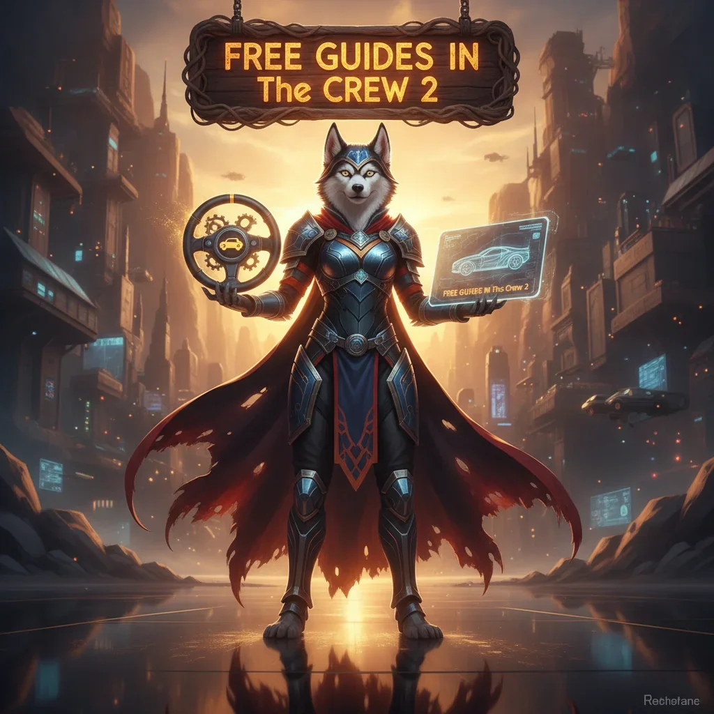 Fantasy artwork featuring an anthropomorphic Husky in a racing-themed outfit, connected to game guides.