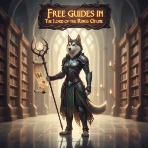 Fantasy artwork of an anthropomorphic Husky character in a game-inspired environment, themed around guides for The Lord of the Rings Online.