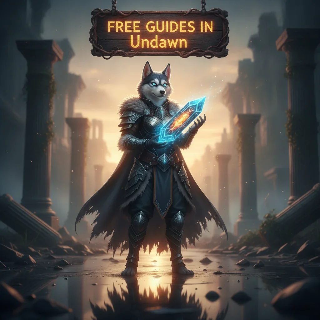 Fantasy artwork of an anthropomorphic Husky character in a game-inspired setting, representing content related to Undawn guides.