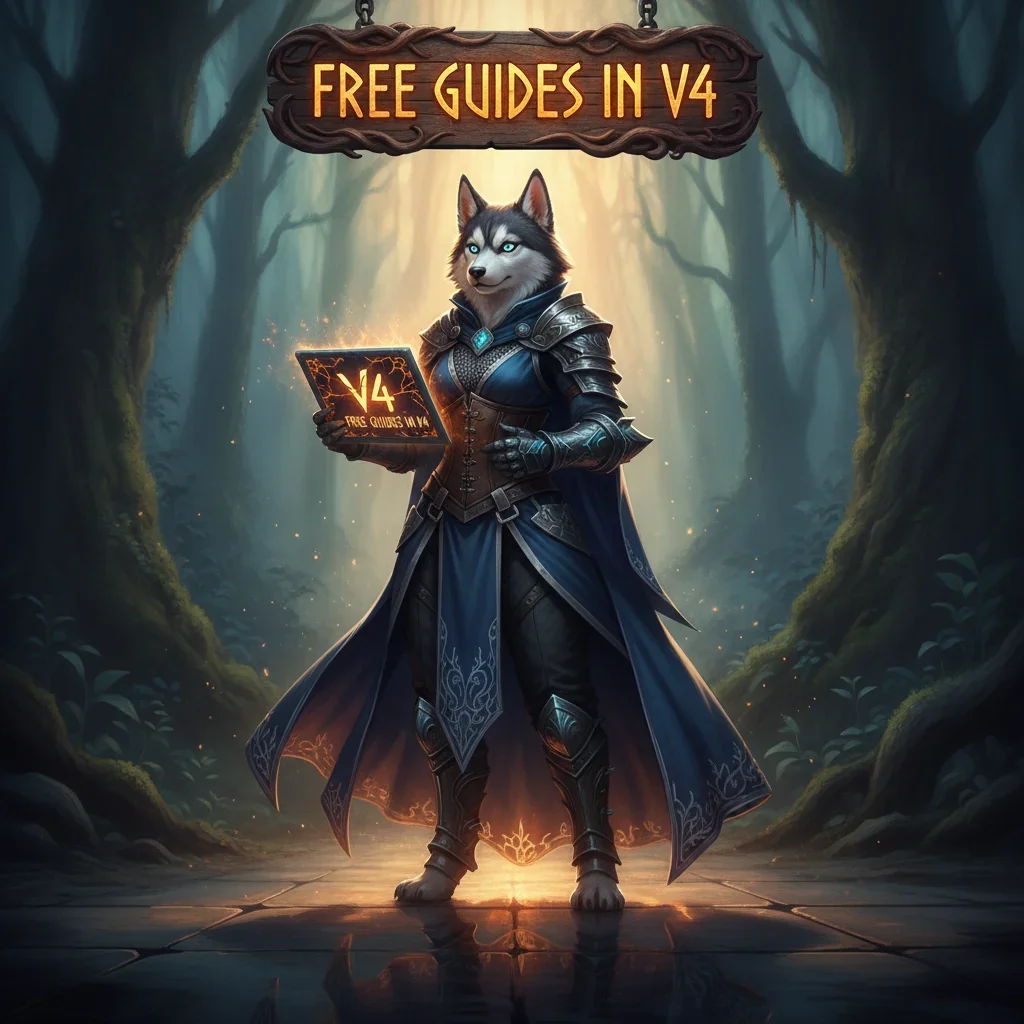 An anthropomorphic Husky character in fantasy armor, representing game-related content and objectives for V4 guides.