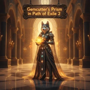 Fantasy artwork featuring an anthropomorphic Husky character in mystical robes, representing Gemcutter's Prism content and gem upgrading systems in Path of Exile 2.