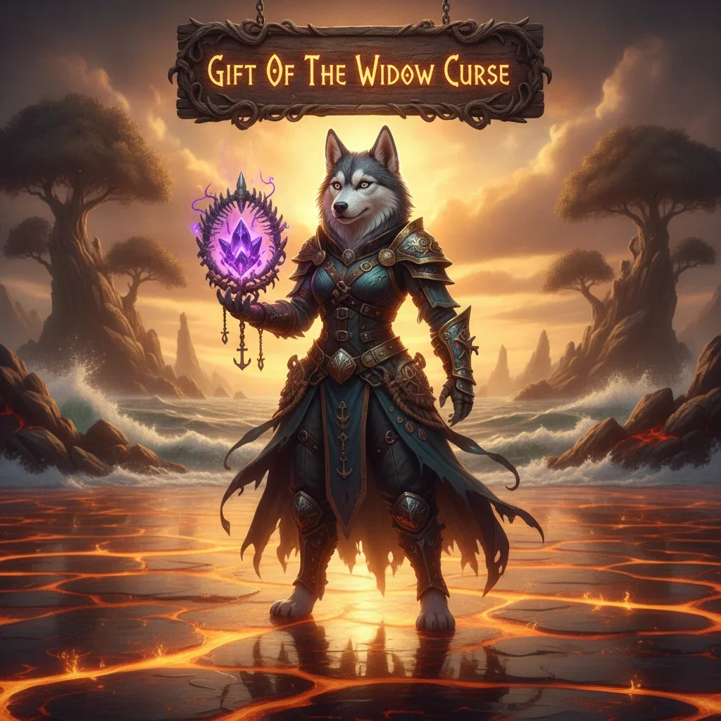 Fantasy artwork featuring an anthropomorphic Husky character in a pirate-themed environment, representing the Sea of Thieves Gift Of The Widow Curse content and objectives.
