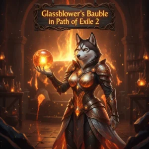 Fantasy artwork featuring an anthropomorphic Husky character in mystical attire. It represents Glassblower’s Bauble content and flask quality objectives in Path of Exile 2.