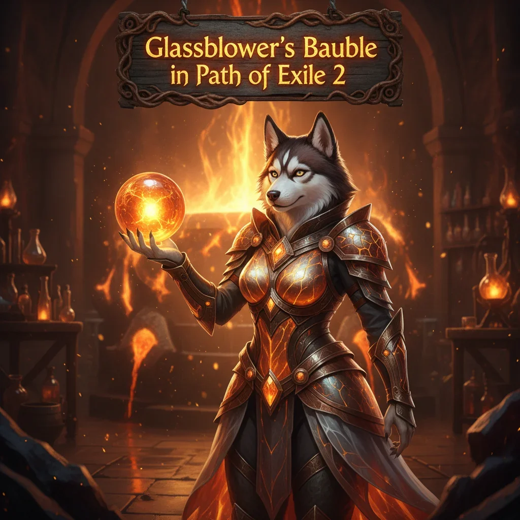 Fantasy artwork featuring an anthropomorphic Husky character in mystical attire. It represents Glassblower’s Bauble content and flask quality objectives in Path of Exile 2.