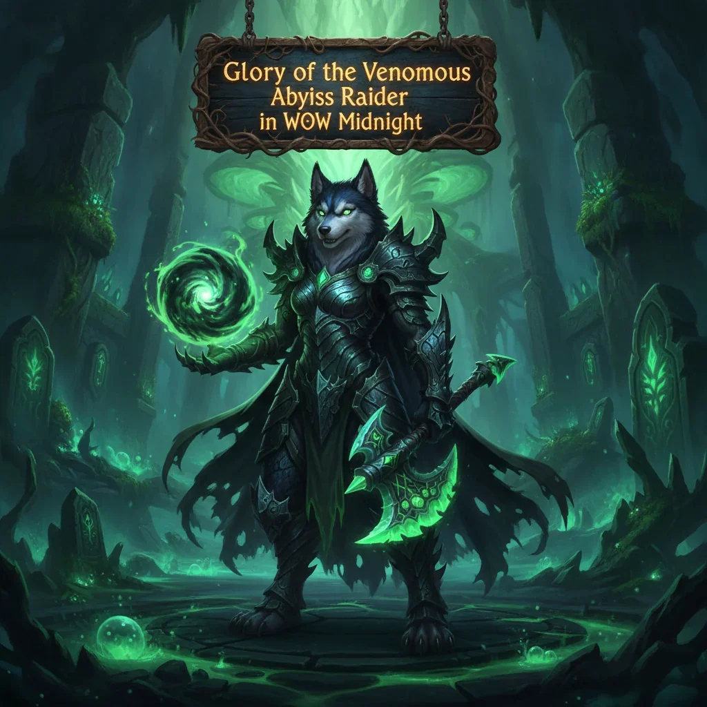 Anthropomorphic Husky in fantasy armor, themed around Venomous Abyss Raider content in WoW Midnight. Represents raid objectives in an ominous abyss.