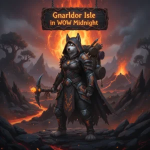 Fantasy artwork featuring an anthropomorphic husky character in a themed outfit, representing Gnarldor Isle content and objectives for WoW Midnight.