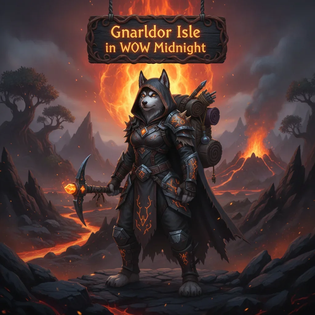 Fantasy artwork featuring an anthropomorphic husky character in a themed outfit, representing Gnarldor Isle content and objectives for WoW Midnight.