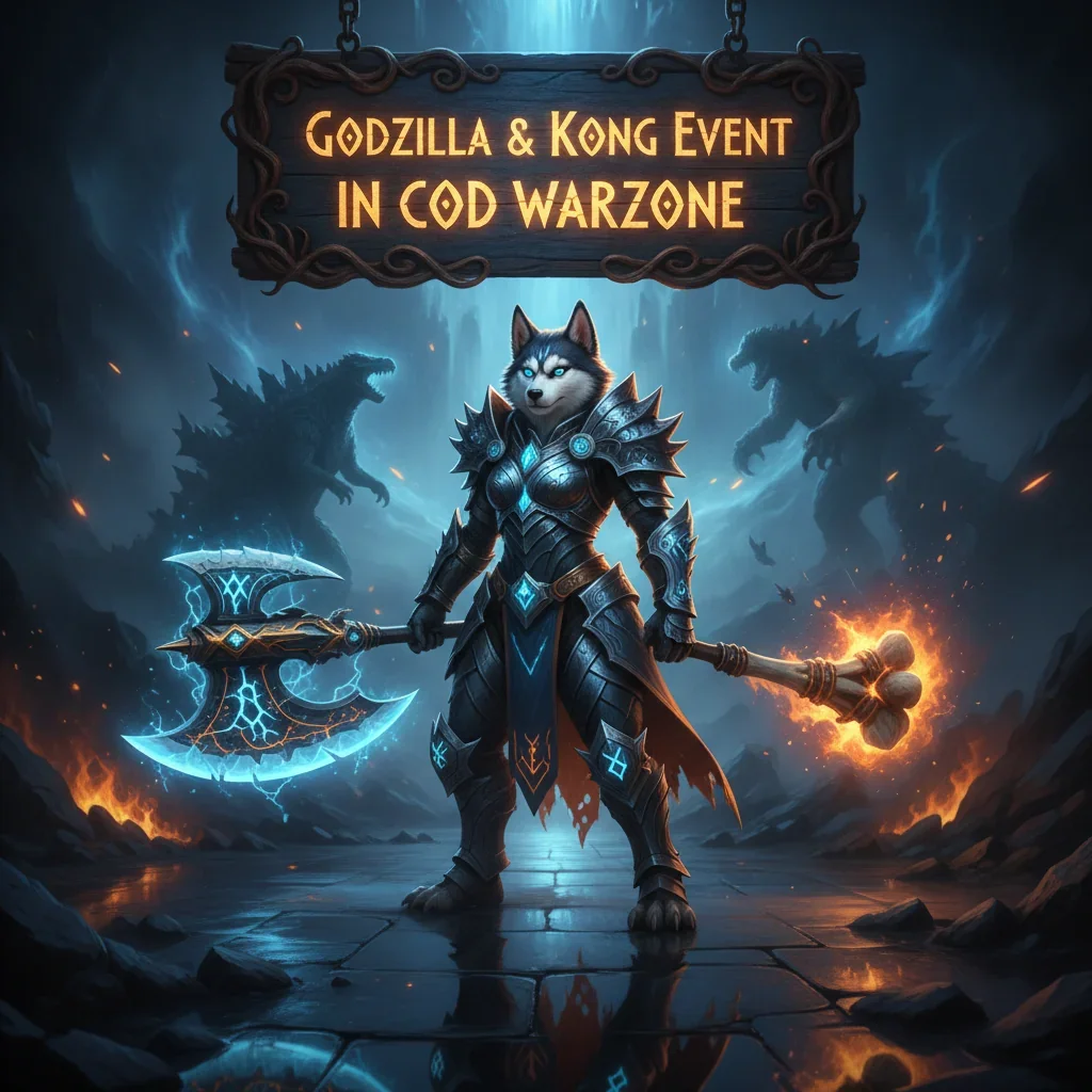 Anthropomorphic Husky character in fantasy armor, representing the Godzilla & Kong Event in COD Warzone. Artwork themed around seasonal challenges and game content.