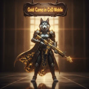 An anthropomorphic husky character in fantasy attire, with a background inspired by mobile shooter game challenges for Gold Camo.