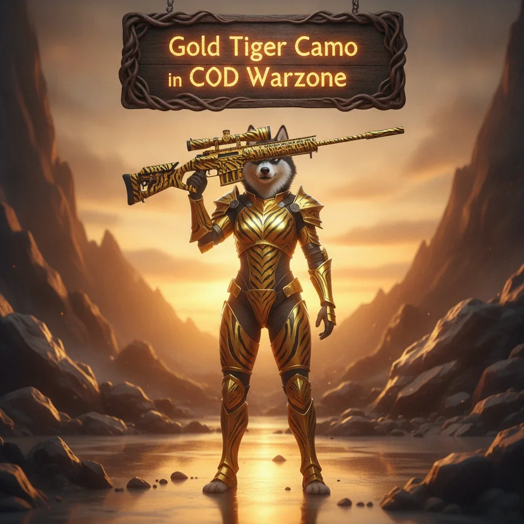 Anthropomorphic husky character in fantasy tactical gear, set against a fiery, game-inspired background. The artwork is themed around Call of Duty Warzone's Gold Tiger Camo unlock content.