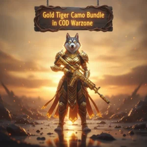Fantasy artwork of an anthropomorphic husky in ornate golden tiger-striped armor, representing unlockable cosmetic bundles and character customization content for a game.