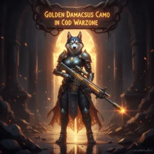 An anthropomorphic husky character in tactical fantasy armor, featured in artwork themed around the pursuit of the prestigious Golden Damascus Camo within a game-inspired environment.