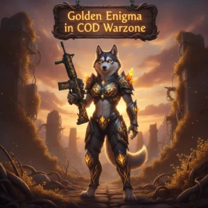 Anthropomorphic husky character in fantasy armor, representing the Golden Enigma Camo unlock challenges in Warzone, set in a mystical, game-inspired environment.