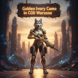 Fantasy artwork of an anthropomorphic husky character in a mystical setting, representing objectives for a golden ivory camouflage appearance for equipment, themed around cosmetic unlocks.